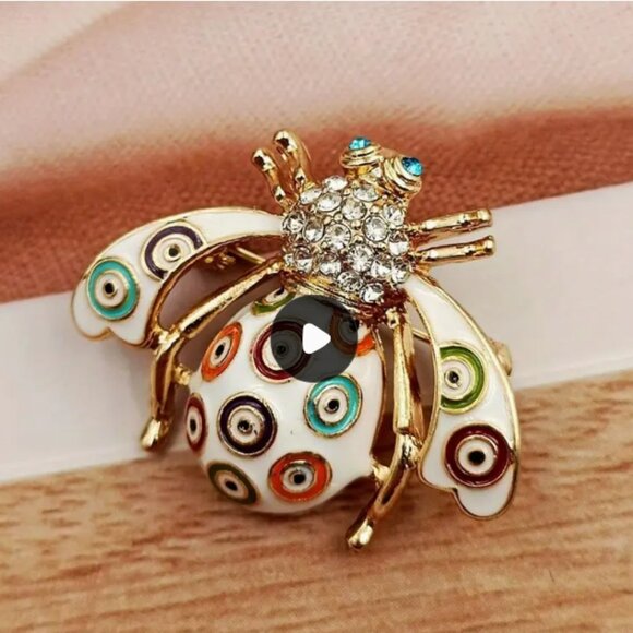 Colorful Sparkly Insect Bee Bug Design Charm Crystal Goldtoned Brooch Pin - Picture 5 of 5